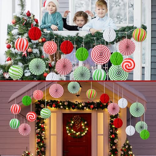 Image of Retisee 18 Pcs Christmas Hanging Paper Lanterns Party Decorations Candy Canes Peppermint Paper Fans Xmas Hanging Honeycomb Ball Lanterns Ornaments for Christmas Winter Party Holiday Ceilings Decor