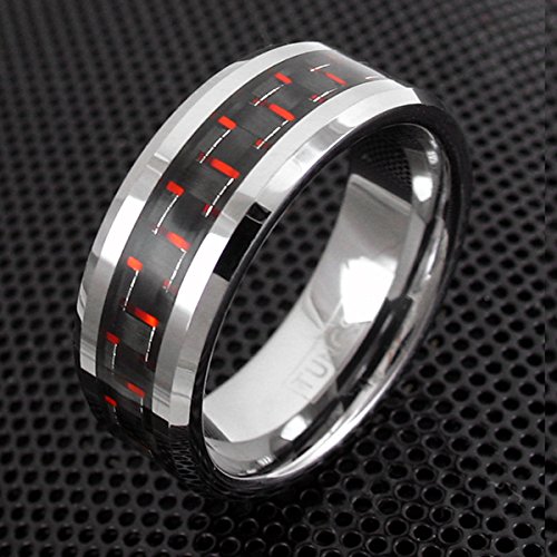 King's Cross Dazzling 8mm Silver-Tone Tungsten Carbide Wedding Band w/Red & Black Carbon Fiber Inlay4