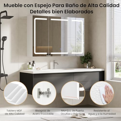 DICTAC Armario con Espejo,iluminación LED y Enchufe Armario Baño de Pared con 3 Puertas Espejo,Mueble Baño de Pared con Espejo y Estantes Ajustable,Mucho Espacio de Almacenamiento,90x60x16cm, Blanco - imagen 8