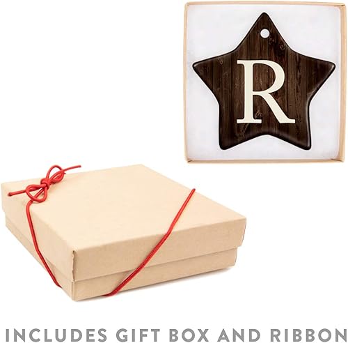 Miniatura 4 de Andaz Press Star - Monograma de cerámica para árbol de Navidad, regalo coleccionable, letra inicial R, madera rústica oscura, 1 paquete, regalo de