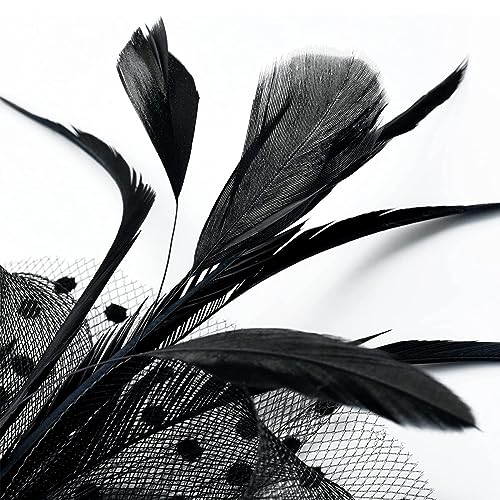 auwiyd Fascinators Hat Feather Flower Fascinator Mesh Face Veil Hat Black Lace Hair Accessories for Women Girls2