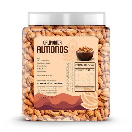 Image of Auravita California Almonds 1kg | Crunchy & Healthy Dry Fruit, Premium Badam Giti for Daily Nutrition | Healthy Diet Snacking Resealable Jar Pack