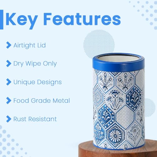 Image of Maroc Collection Airtight Kitchen Container Set (1400ML, Set of 4) | Food Grade Metal Jars for Rice, Atta, Besan & Flour Storage | Vacuum Lid, Rust Resistant, Stylish Moroccan Blue Canisters