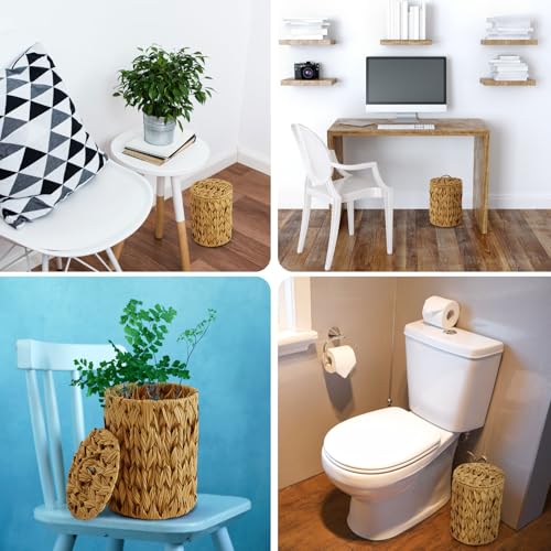 Image of Ctosree 1.3 Gallons Small Trash Can with Lid Handle Boho Woven Braided Bathroom Waste Basket Trash Can with 100 Garbage Bags for Bedroom Office Laundry(Braided Polypropylene, Caramel Color)