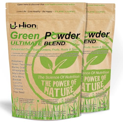 Hion Super Greens Powder | 11 Superfoods incl. Wheatgrass, Spirulina, Chlorella & Green Tea | Energy, Gut & Immune Support | No Fillers | Vegan & Gluten-Free | 60 Servings | Award-Winning & UK Made