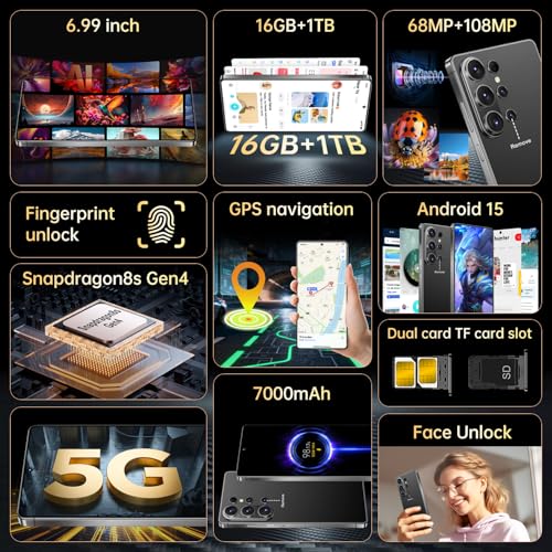 Image of SZV 26 Ultra Unlocked Cell Phone,16+1TB 5G Unlocked Phone, Built in Pen Android 15 Battery 7000mAh 6.99 inch HD Screen Smartphone, Dual SIM /Face ID /Fingerprint Lock /GPS (Black, 16+1TB)