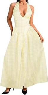 ChiaoLezhee Deep V Neck Dress, Halter Maxi Dresses, Vacation Date Night, Sexy for Women Corset Flowy Wedding Guest Drop Waist