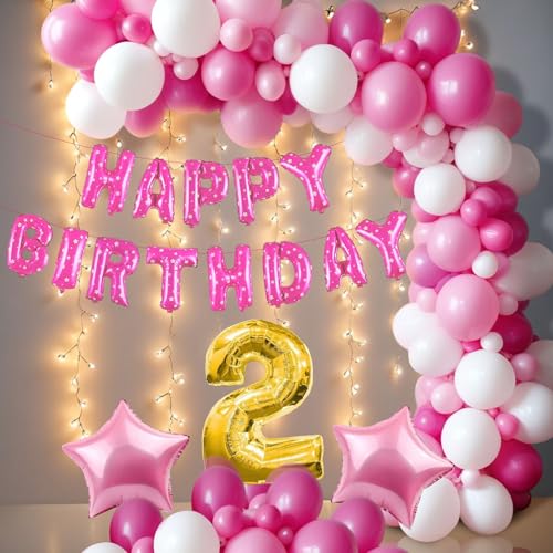 Image of Party Propz Rubber 2nd Birthday Decoration Set for Girls - 57Pcs Pink With Fairy Lights | Baby and Kids Birthday Party Supplies