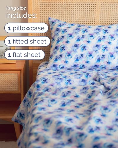 Image of King 4 Piece Floral Sheet Set - Soft, Breathable & Cooling - Blue Hydrangea | 1 Flat, 1 Fitted & 2 Pillowcases w / Deep Pockets, Boho Botanical Floral Bedding, Breathable & Cooling, Wrinkle & Fade Free