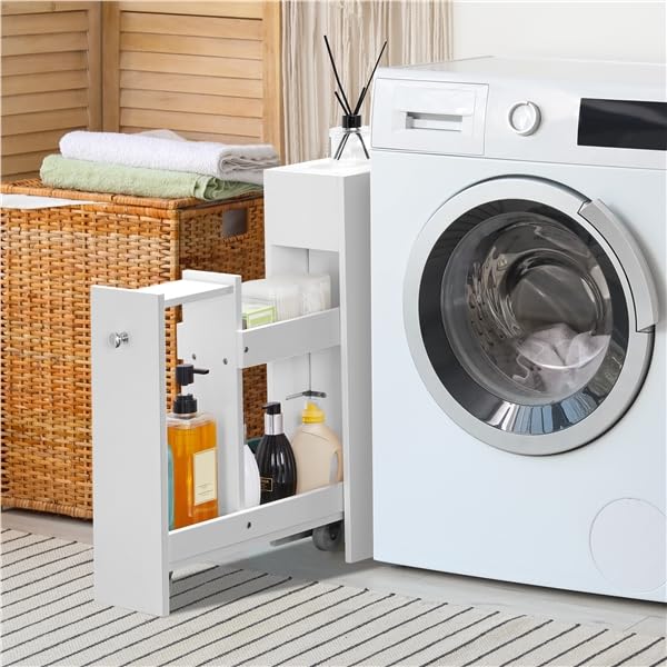 Yaheetech Mobile da Bagno Salvaspazio Alto e Stretto Carrellino Salvaspazio Mensola Nicchia con Ruote Organizzatore Mobiletto da Terra Porta Carta Igienica 50 × 17 × 58 cm Bianco
