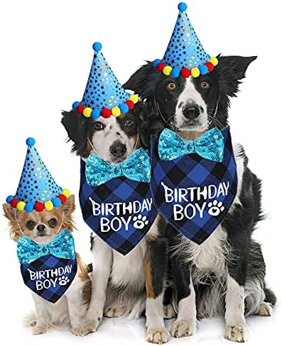 STMK Dog Birthday Party Supplies, Dog Birthday Bandana Boy Girl and Dog Birthday Party Hat with Dog Bow Tie Collar for Medium Large Dogs (Blue, Large)