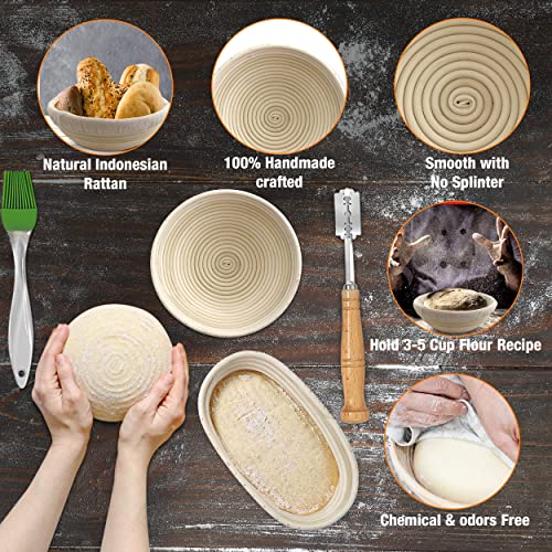Lithos Bread Banneton Proofing Basket Set, 10 Inch Oval Sourdough Baskets With Bread Lame, Dough Stainless Steel Scraper, Linen Liner, Basting Brush For Bread Making #TOP6