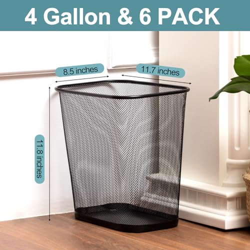 Image of Nuanchu 6 Pcs Mesh Square Trash Cans 4 Gallons Wire Wastebasket for Home Black Metal Office Garbage Cans Rectangular Trash Bin for Kitchen Bathroom Bedroom, 11.7 x 8.5 x 11.8 Inch (Black)