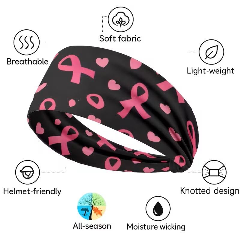 Headband Pink Bows Awareness Sports Hair Band Pink Ribbon | Pink Ribbon Motif, Awareness Headband, 25 x 15 cm, Elastic, Breathable, Sports and Everyday Use