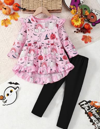 Image of Yekaty Girls Clothes Ruffle Shoulder High Low Hem Long Sleeve Top and Floral Pants 2 Piece Fall Outfits Clothing Set