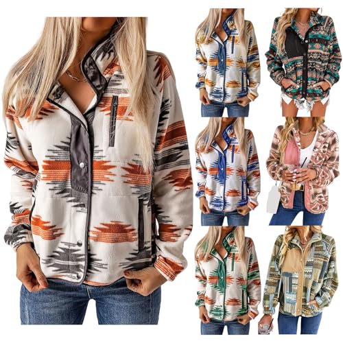 Women's Fleece Jacket Vintage Aztec Print Long Sleeve Snap Button Down Shacket Casual Fall Winter Coats with Pockets