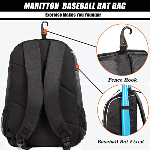 Maritton Baseball Bag - Bat Backpack For Baseball, T-Ball & Softball Equipment & Gear For Youth And Adults With Shoe Compartment And Hold Bat, Helmet, Glove And Shoes. (Blk) #TOP3