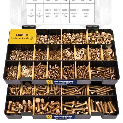 Bonost 1380pcs Nuts and Bolts Assortment Kit - Heavy Duty Grade 8.8 Metric M4 M5 M6 M8 Bolt Set with Assorted Nuts and Washers, Yellow Zinc Plated, Length from 12-30mm