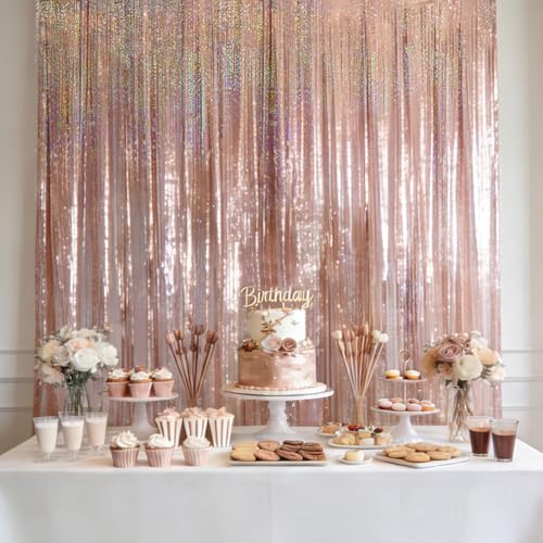 Image of 4 Packs Rose Gold Foil Fringe Curtain, Rose Gold Glitter Metallic Tinsel Backdrop for Birthday Wedding Bridal Baby Shower Engagement Bachelorette Party Decorations Supplies