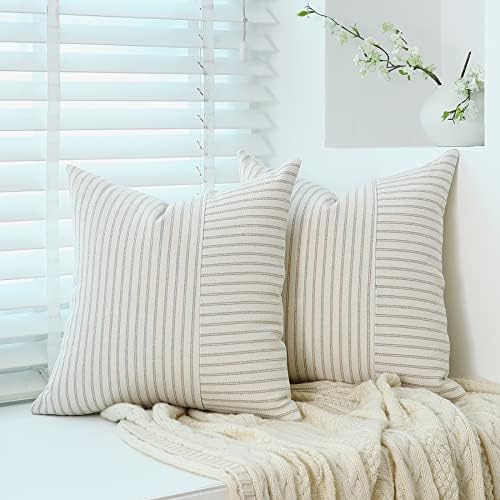Cushion Covers 50 x 50 cm Farmhouse Cushion case covers, Set of 2 Striped Textured Patchwork