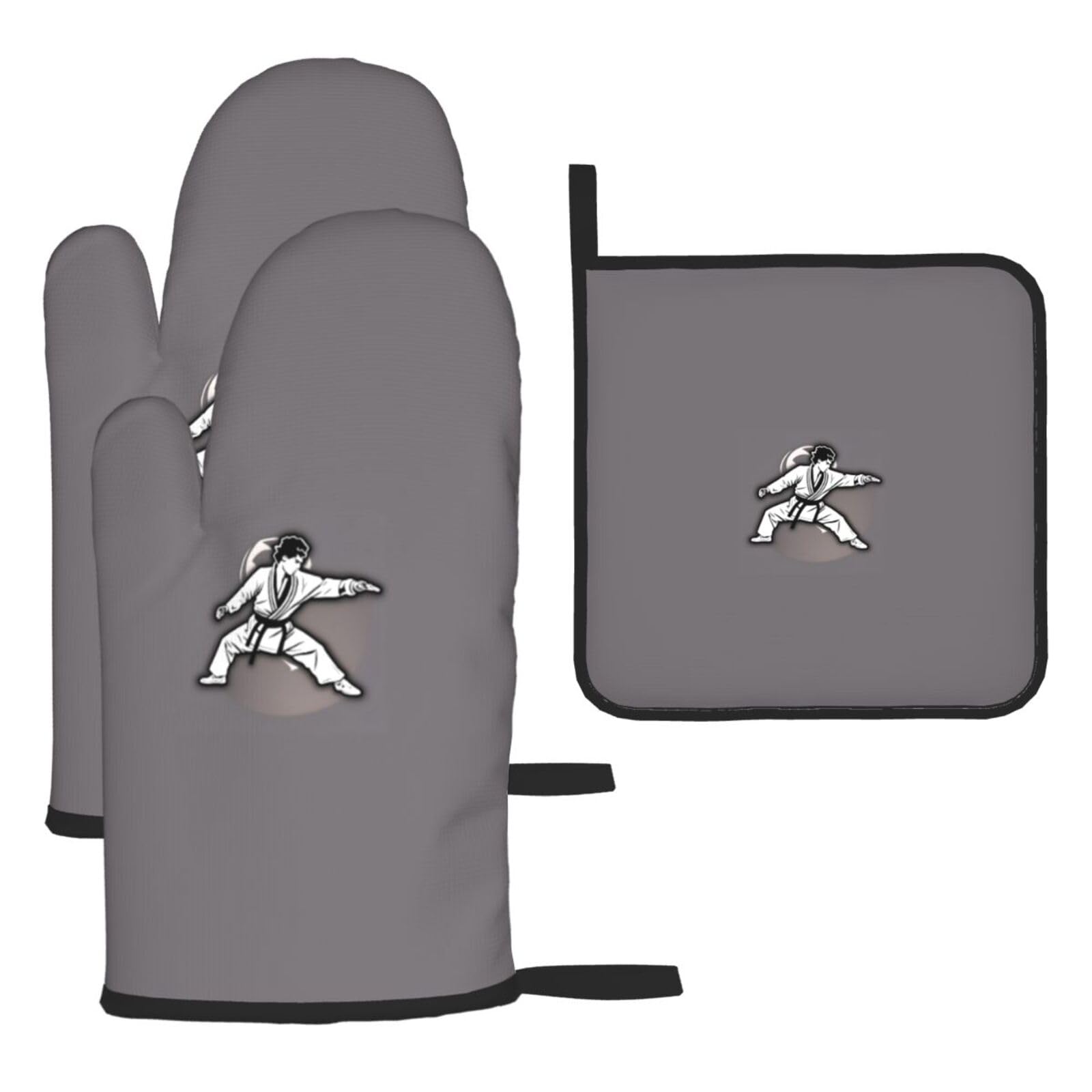 Karate-Highkick-Icon Print Oven Kitchen Gloves For Baking Outdoor Grilling Home Use Mitts Microwaving Bbq