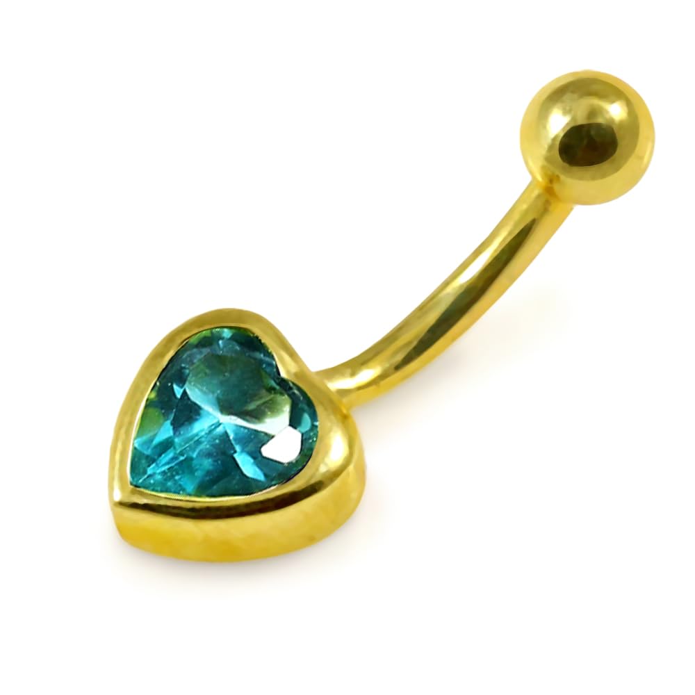 Monster Piercing Piercing de ombligo de oro amarillo macizo de 14 quilates, 6 mm, con forma de corazón de aguamarina de 6 mm
