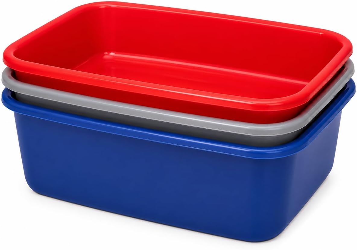 3 Pack Heavy Duty 14-Quart Plastic Dish Pans, Wash Basins & Utility Tubs for Cleaning, Laundry, Storage & Household Use - Red, Gray, Blue