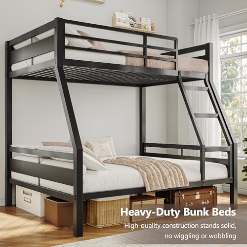 Image of iPormis Metal Bunk Bed Twin Over Full, Heavy Duty Bunk with High Guardrail and Safety Entrance Design, Under-Bed Storage Space, Easy Assembly, Noise Free, Black
