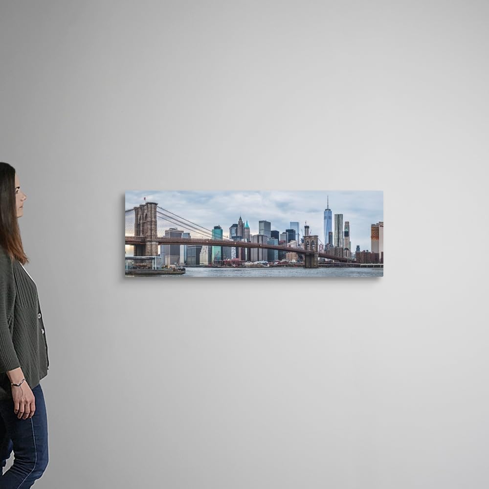 CANVAS ON DEMAND Panoramic View of New York City Skyline with Brooklyn Bridge Canvas Wall Art Print by Circle Capture, Home Decor, United States Artwork,48" x16in