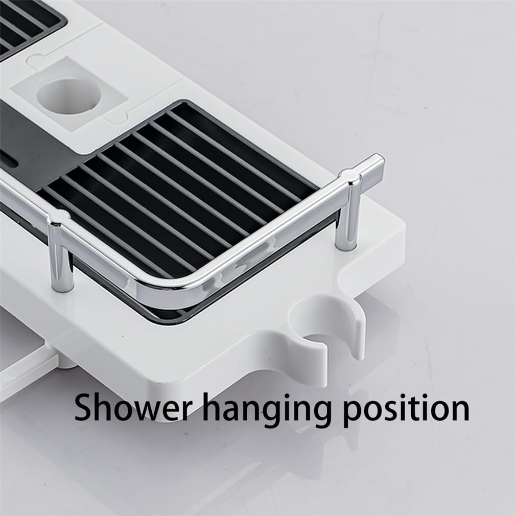 Estante de ducha elevable, estante de almacenamiento adhesivo sin taladro, fácil de instalar, soporte para barra de ducha sin perforaciones, accesorio moderno de agujero cuadrado blanco