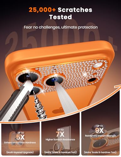 Image of Hoerrye Bling Diamond Camera Lens Protector for iPhone 17 Pro Max - [1:1 Full Coverage][Strong Adsorption] 9H+ Tempered Glass Screen Protective Cover Case Friendly,Glitter Orange