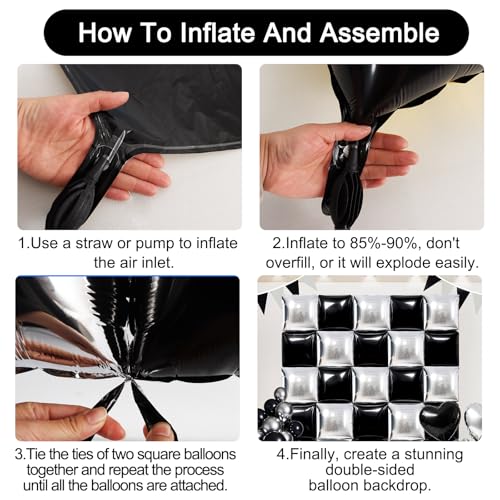 Image of TONIFUL Square Foil Balloon Wall 30pcs Black and Silver Pink Double Sided Mylar Square Balloon Garland Kit Balloons Background Arch for Checkered Racing Car Birthday New Years Decorations