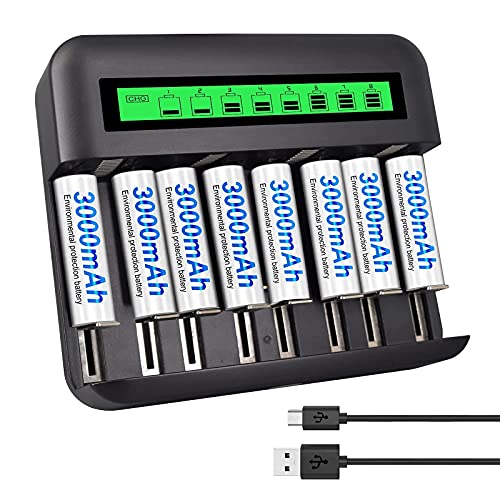 CITYORK Chargeur AA AAA C D avec 8 Piles AA Rechargeables 3000mAh, Batterie Haute Performance et Chargeur Garantie 18 Mois (l'apparence Peut Varier) Cover