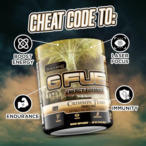 Image of G Fuel Elden Ring Crimson Tears Energy Drink Powder, Pre Workout Caffeine Mix for Gaming, Sugar Free Focus Amino, Vitamin + Antioxidants, 9.9oz (Prickly Pear, 40 Servings)