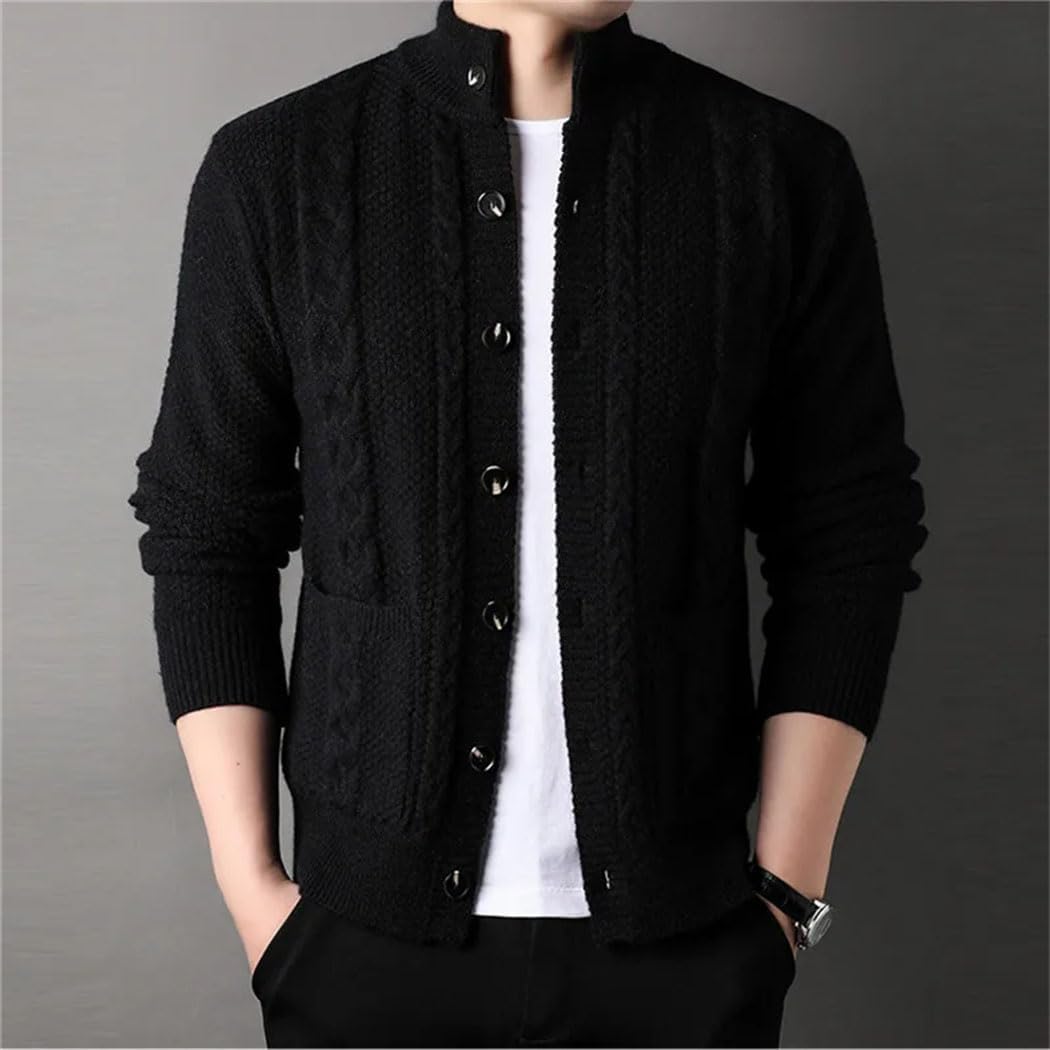 Men's Winter Thick Warm Cardigan Coat Long Sleeve Stand Collar Single Breasted Knitted Sweater