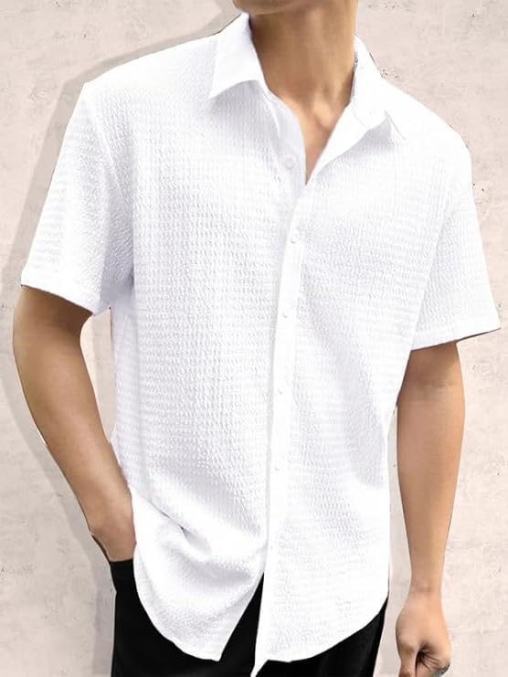 Image of Pinkmint Popcorn Shirt for Men Soild Slim Fit Sleeve Spread Collar Trendy Men Shirt Summer Wear Goa Wear Olive