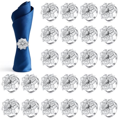 Delicate Serviette Buckles Set of 24 Alloy Napkin Rings with Hollow Out Flower Silver Napkin Ring Holders Stylish Napkins Ring Bulk for Christmas Wedding Luncheons Picnics Banquet Birthday