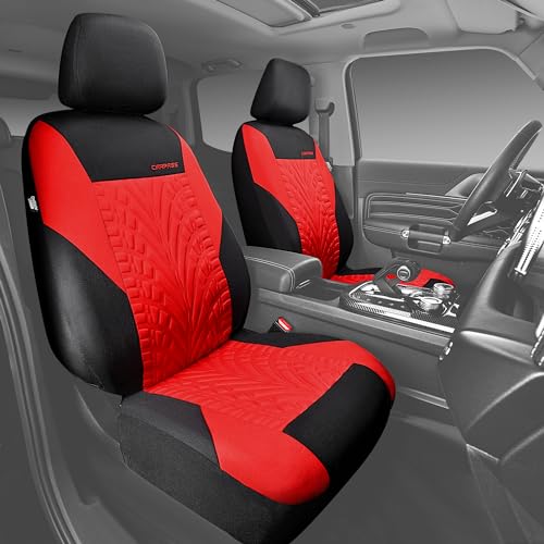 Image of CAR PASS Car Seat Covers Two Front Only for Car, 3D Tyre Print Automotive Interior Covers, Airbag Compatible, Quick Setup Universal Fit Seat Covers for Car, Truck, SUV(Black Red)