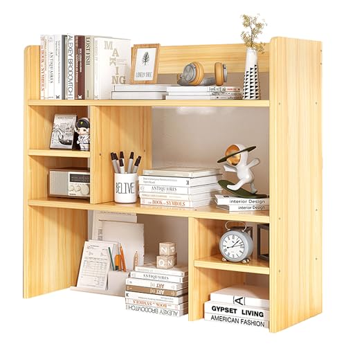 Image of Yindella Multi-Functional Desktop Bookshelf Organizer, Wooden Storage Shelf, Adjustable Office Desk Organizer for Books, Stationery, Space-Saving Home & Office (Desk Bookshelf-04-Wooden)