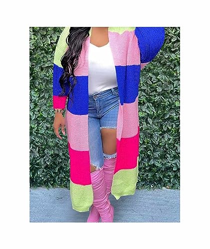 SOMTHRON Women's Fall Cardigan Sweater Open Front Color Block Striped Knit Long Draped Coat Duster Outerwear3