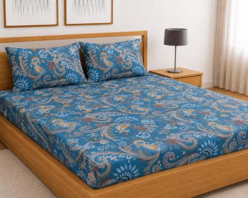 Image of Fitted Bedsheet Blue Paisley Floral Print Glace Cotton 210 TC | Single Size for Single Bed Fits 3 x 6.25 ft Mattress (36 x 75 Inch) | All Around Elastic | 2 Pillow Cover | 7 Inch Deep Pocket