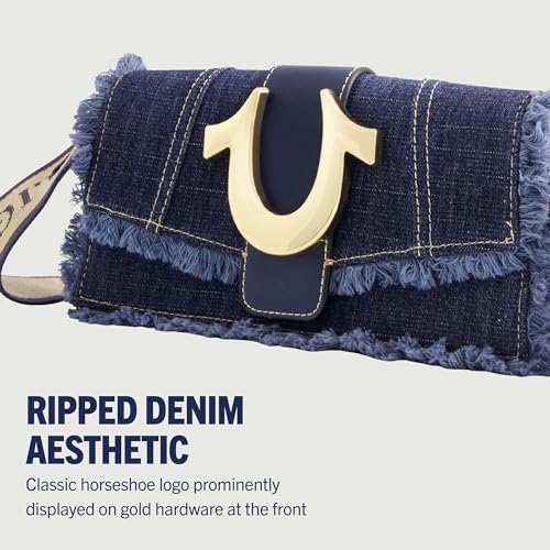 True Religion Women's Shoulder Bag Purse, Frayed Denim Mini Flap Crossbody Handbag with Horseshoe Logo, Denim3