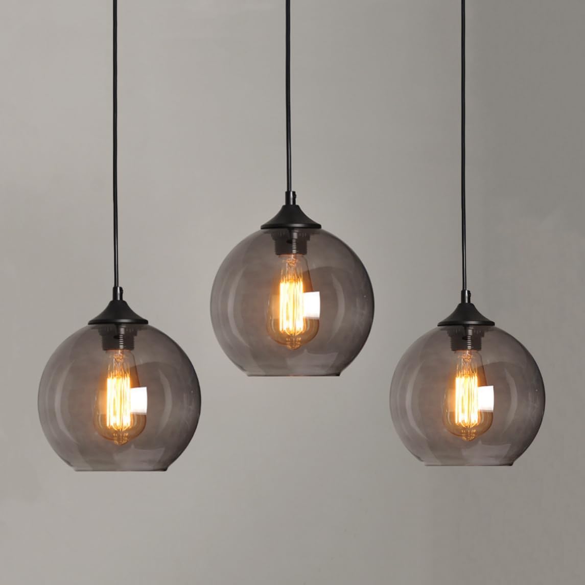 Industrial Glass Pendant Lighting for Kitchen Island 3 Pack Smoke Grey Glass Pendant Light Smoked Glass Globe Hanging Light Fixture Gray Orb Single Light in Black Finish - 8"