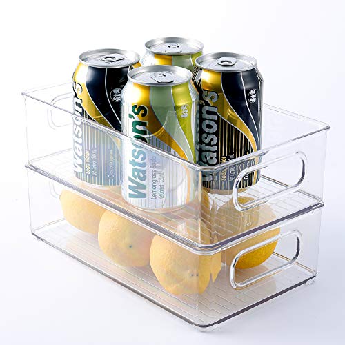 TIMART 4 Pack Organization Storage bins, Stackable Refrigerator Organizers with Handles, Plastic Storage cabinets for Freezer, Kitchen, Countertops, Pantry Food Storage Rack