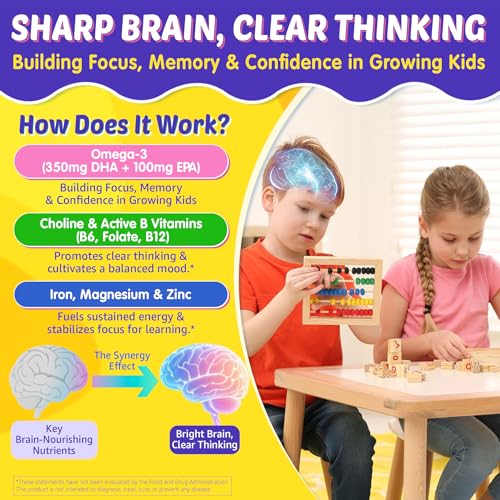 Image of Kids Multivitamin Gummies + Iron, Kids Focus Gummies with Omega-3, Brain Attention Supplements, Memory, Vision, w / Lutein, Methylated Folate & B12, Probiotics, Fiber, Children Vitamins for Growth 2P
