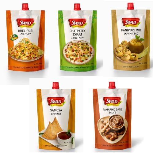 Image of SWAD Chaat Chutney Combo Pack of 5 | Tamarind & Date Sauce, Pani Puri Instant Paste, Samosa Kachori Dip, Bhel Puri Topping | Authentic Indian Street Food Flavor | 200g Each