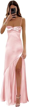 TTYBridal Spaghetti Strap Satin Prom Dresses for Women A-Line Pleated Formal Evening Party Gowns Long with Slit