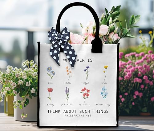 Christian Tote Bag For Women, Whatever Is Think About Such Things, Bible Verse Canvas Tote Bag, Travel, Shopping, Gift -313