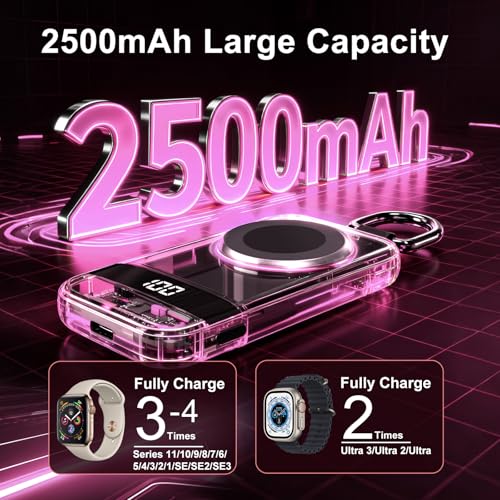 Image of 5W Fast Portable Charger for Apple Watch, 2500mAh & Digital Display - Magnetic Fast Charging iWatch Charger for Travel - for Apple Watch Series (Pink-Mom)