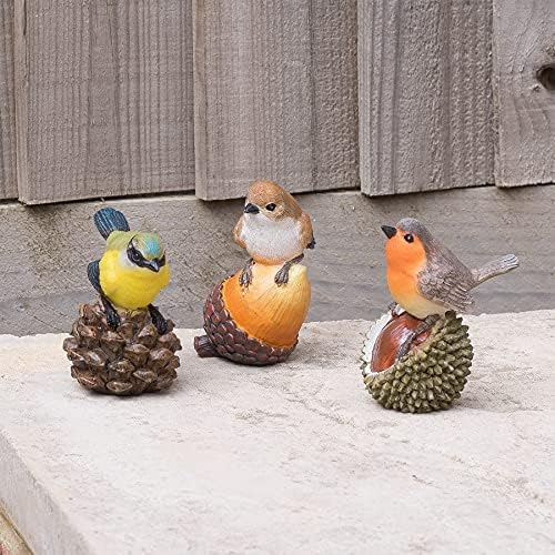 Pelle & Sol Set of 3 British Birds on Nuts Garden Animal Ornaments Robin, Blue Tit & Sparrow - Made form PolyResin